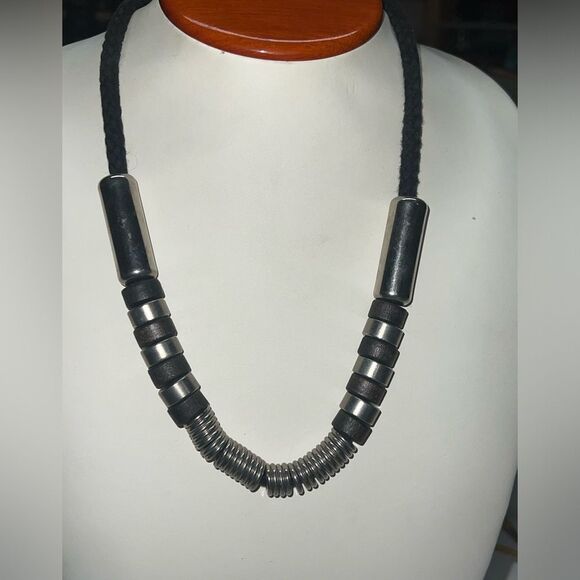 Vintage Aarikka Finland Modernist Barrel Bead Rope Black & Silver Necklace - Picture 2 of 5